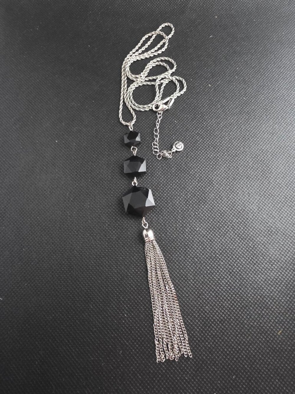 C1946 Signed Black Faceted Bead Tassel Necklace Silver Tone 26.5–29"